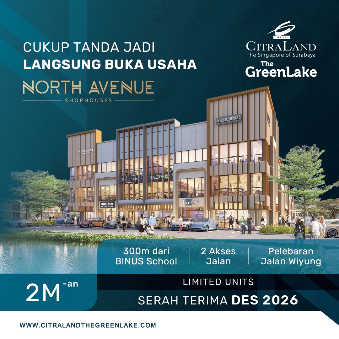 Promotional banner for North Avenue Shophouses featuring a modern multi‑story shopping complex and developer logos (Citraland GreenLake).
