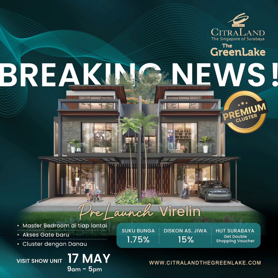 Advertising poster for Citraland The GreenLake with a modern two-story house, large 'PreLaunch Virelin' text and discount badges.