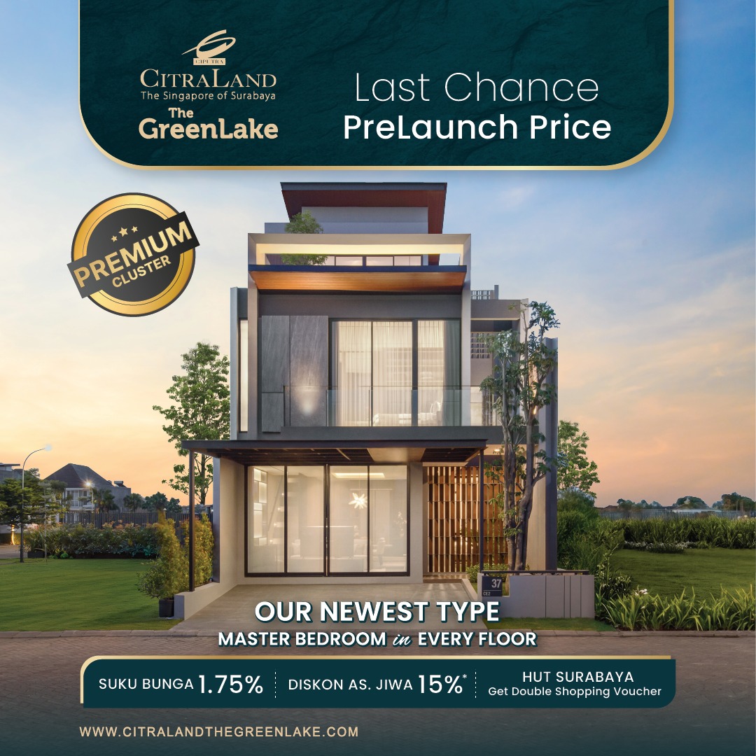 Modern three-story house at sunset with a Premium Cluster badge; advertises the newest home type with every-floor master bedroom feature.