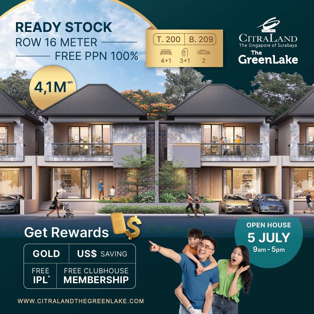 Promotional real estate ad for Citraland The Green Lake showing modern townhouses, rewards, and an Open House on July 5th at 9am–5pm while highlighting ready stock and pricing banners.
