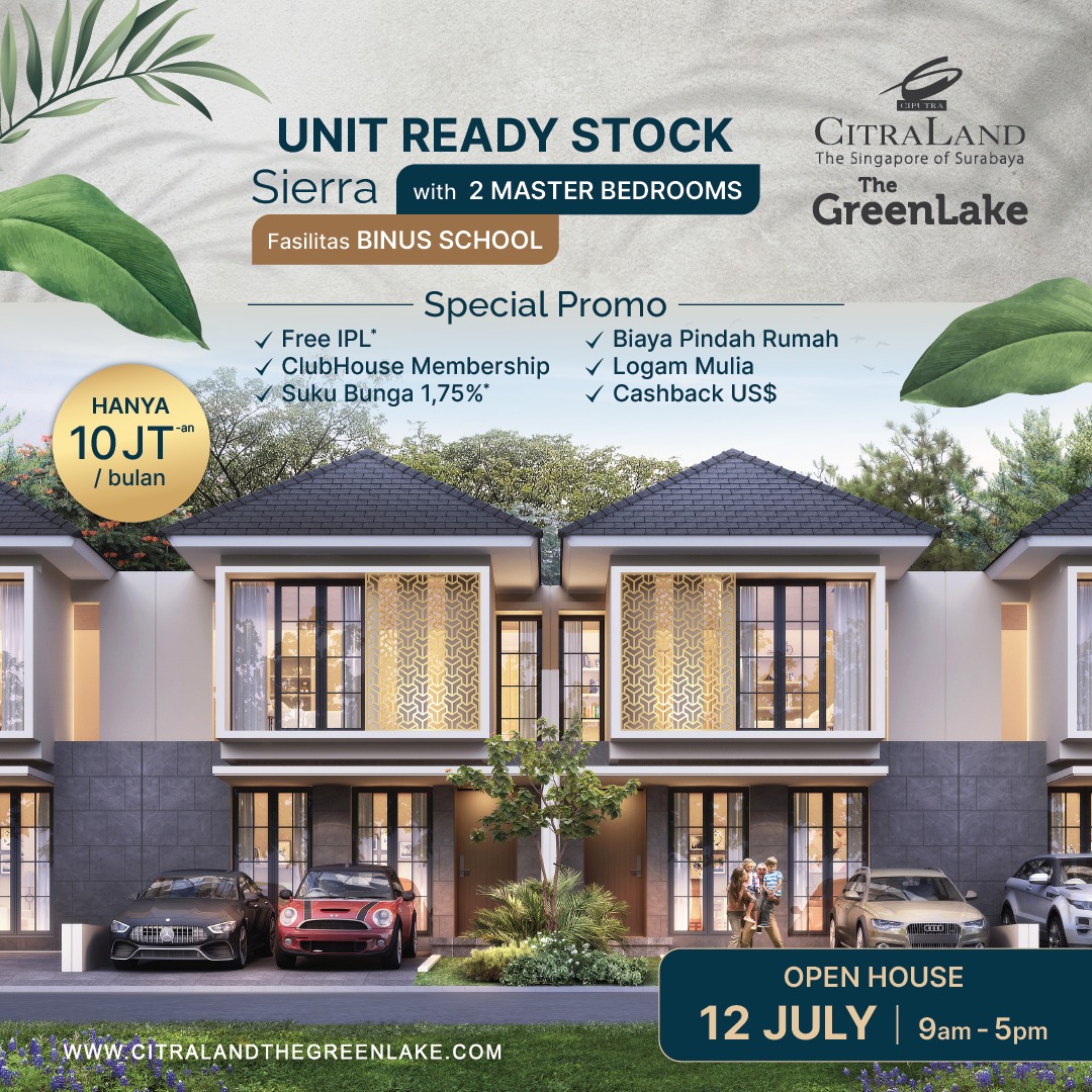 Advertisement for Sierra unit-ready stock with 2 master bedrooms; shows modern townhouses and cars in a driveway.