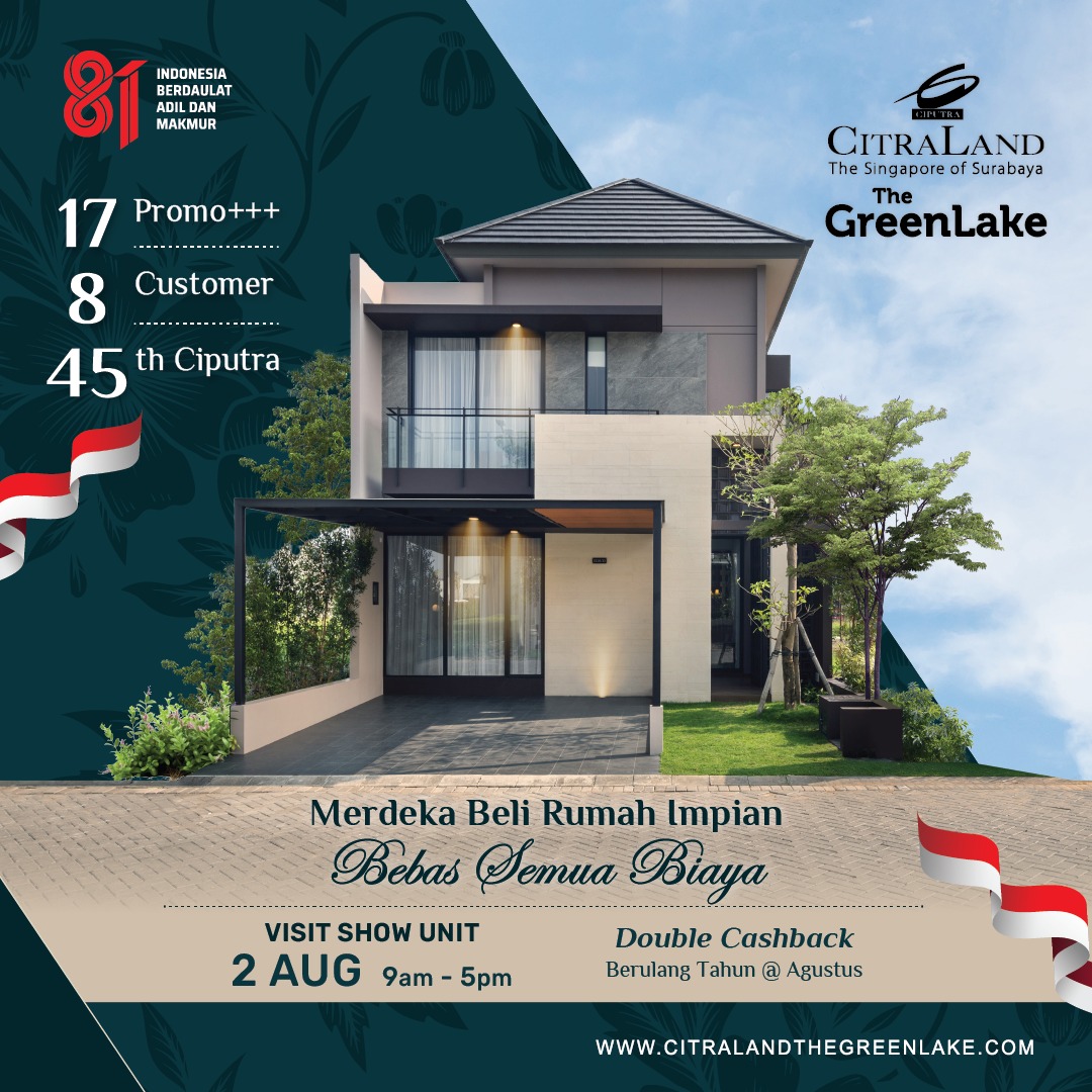 Promotional flyer for The Green Lake: modern two-story house with event details and branding in Indonesian wording, date August 2 and show unit info.