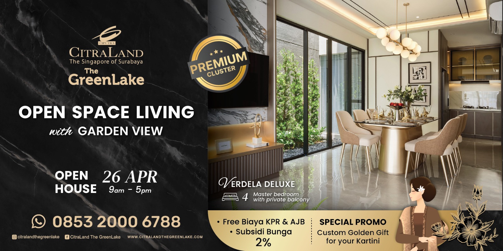 Advertisement for Citraland The Green Lake: left marble panel with 'OPEN SPACE LIVING' text; right shows a modern dining area with garden view and gold table.