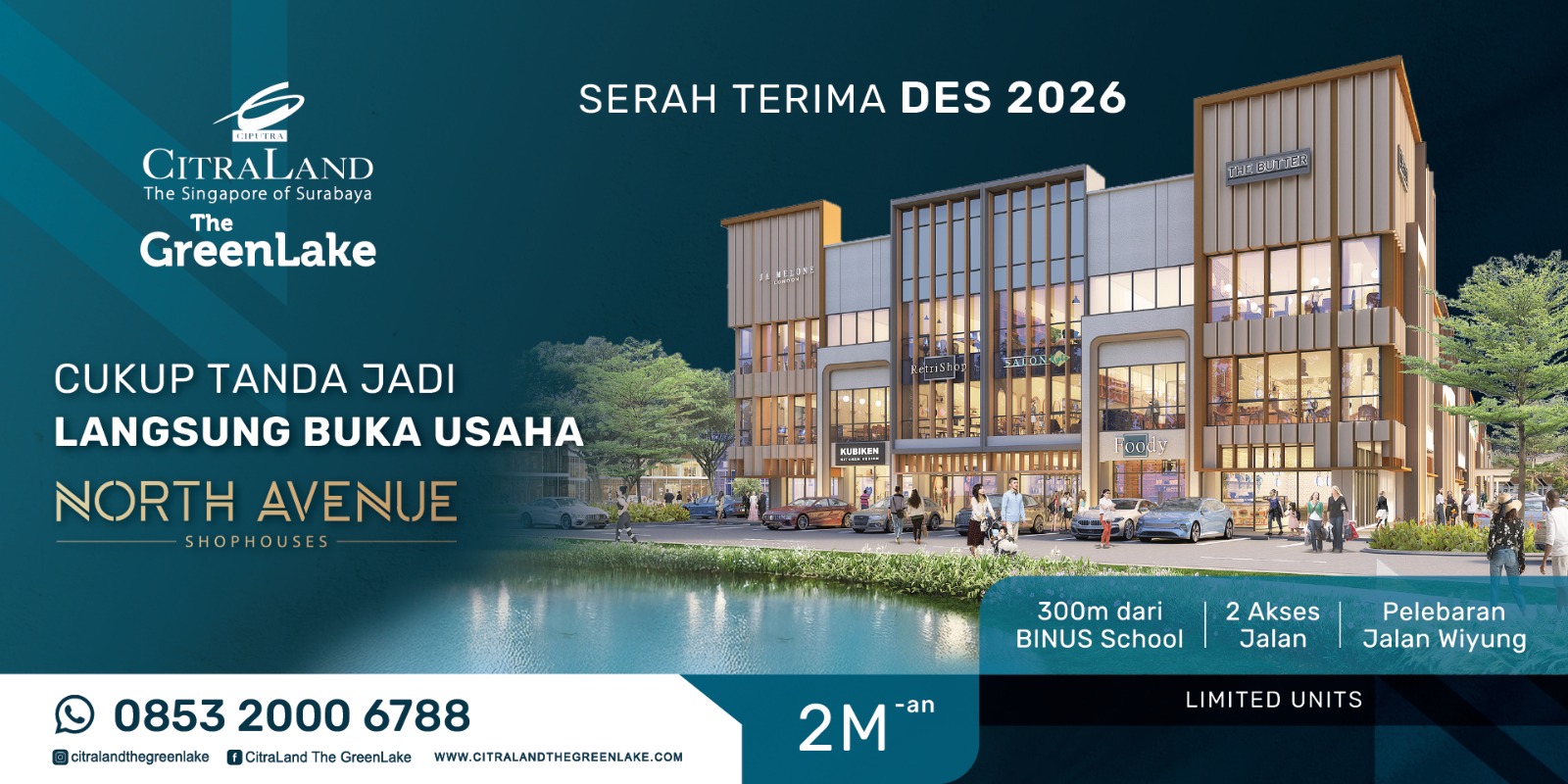 Promotional banner for Citraland The GreenLake North Avenue Shophouses, showing a modern mall facade and bold Indonesian text.