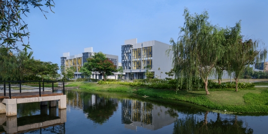 Modern campus buildings reflect in a calm pond, surrounded by green lawn, trees, and a small wooden footbridge.