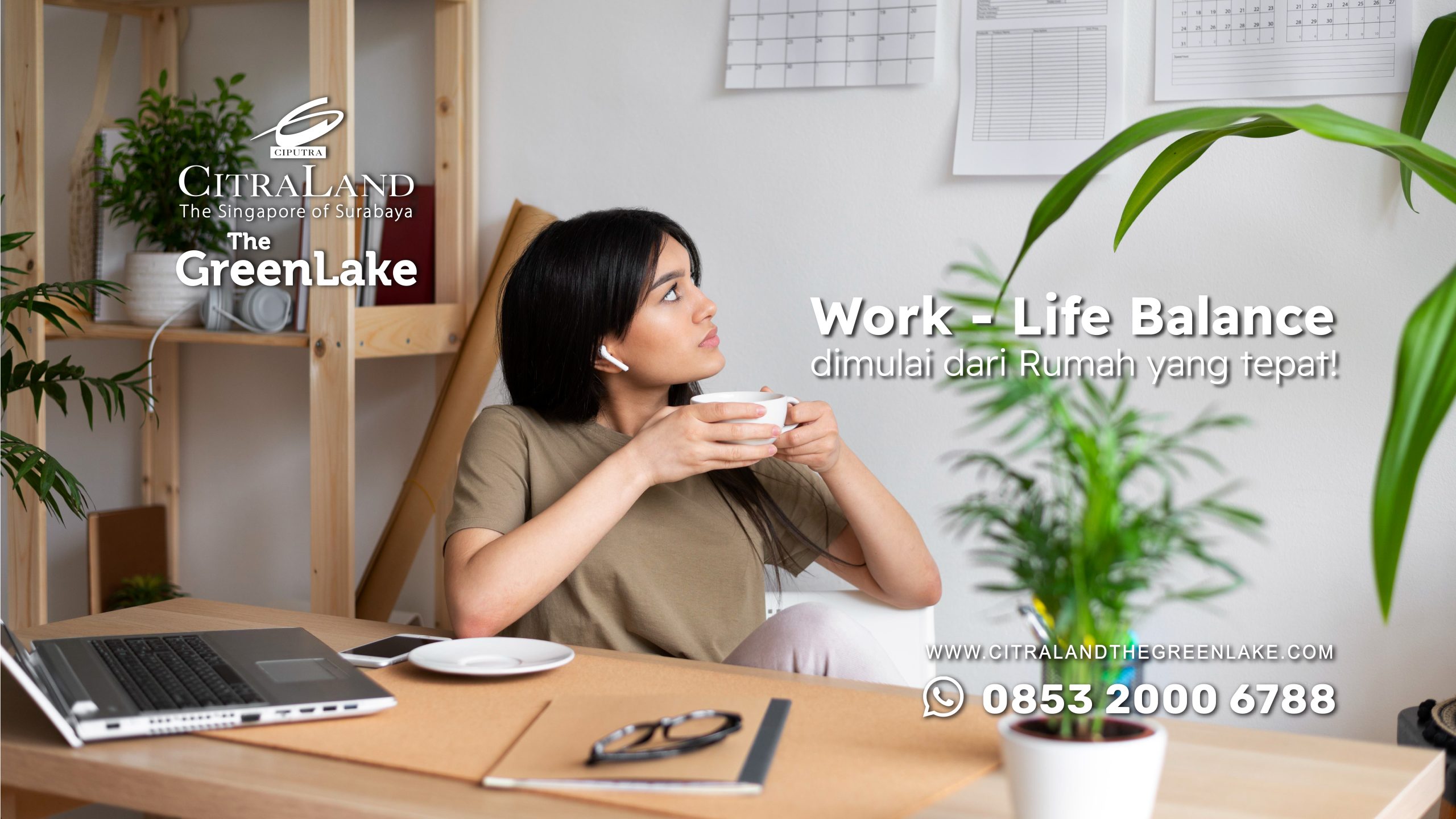Woman with wireless earbuds sipping from a cup at a wooden desk, framed by plants, with office schedule on the wall and bold ad text about Work-Life Balance.