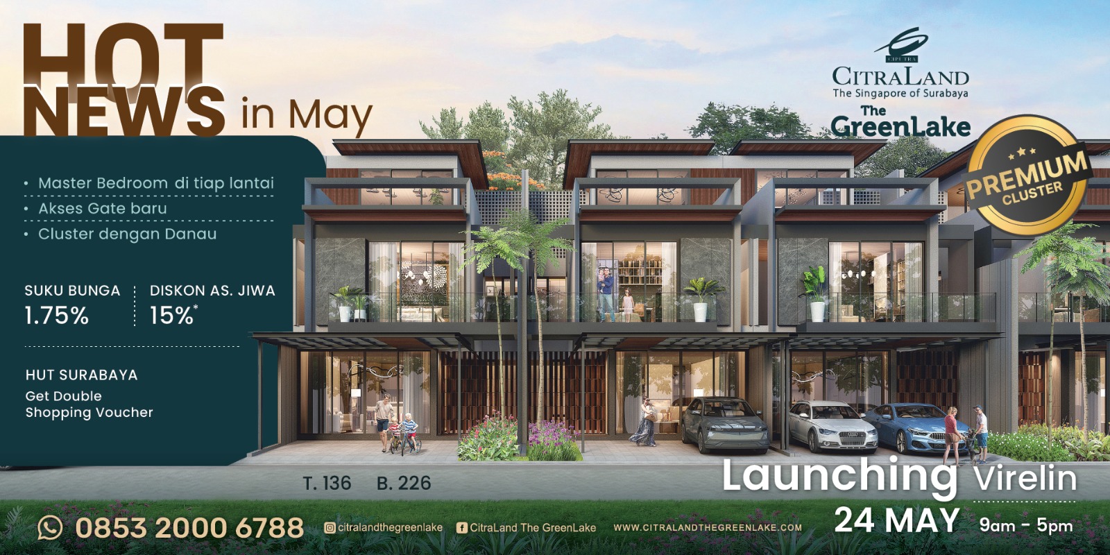 Promotional banner for launching Virelin GreenLake housing with modern townhouses and a teal information panel on the left and a Premium Cluster badge.