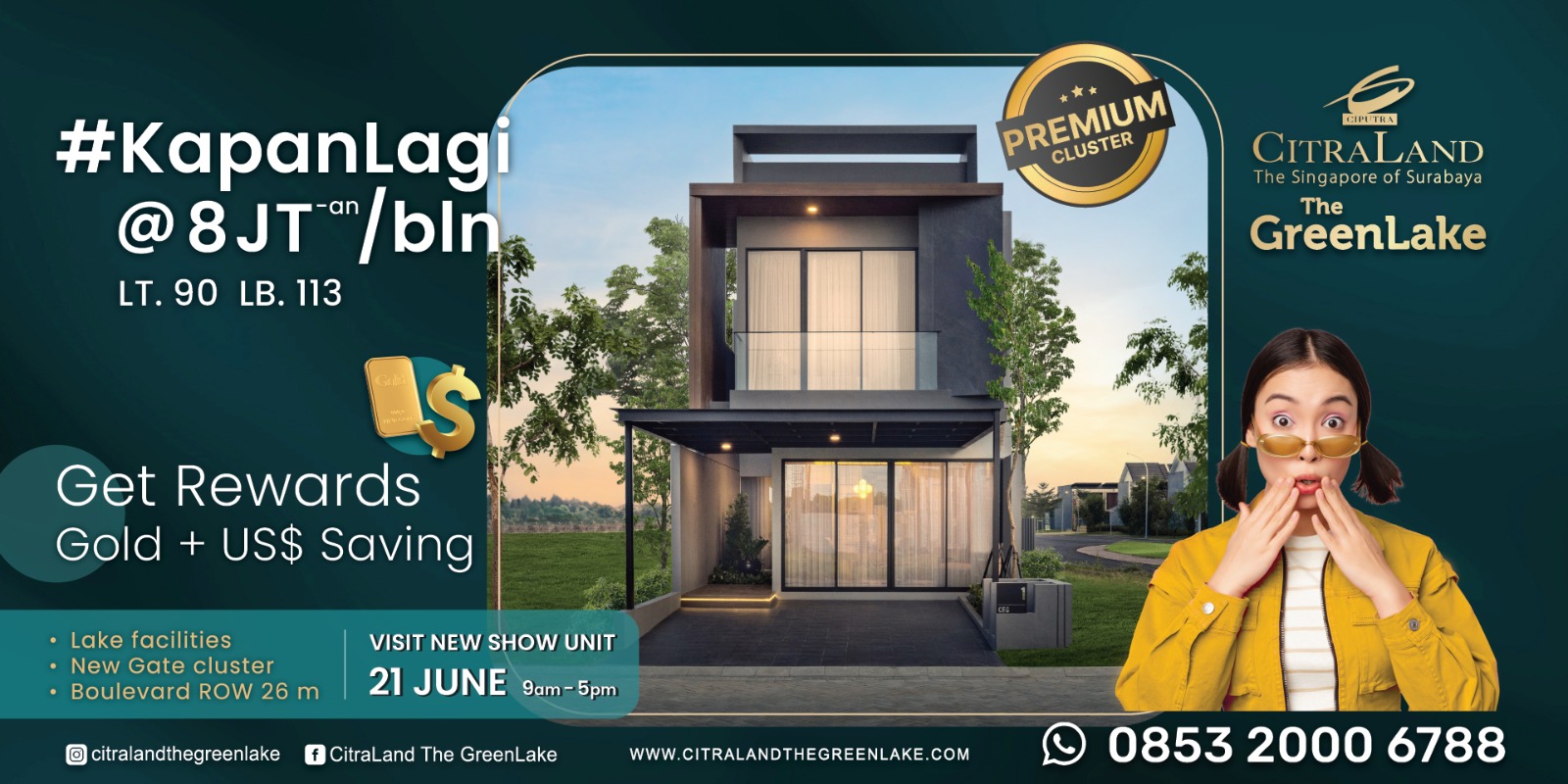 Promotional banner for The GreenLake by Citraland featuring a modern two-story house, reward text, and a surprised woman on the right.