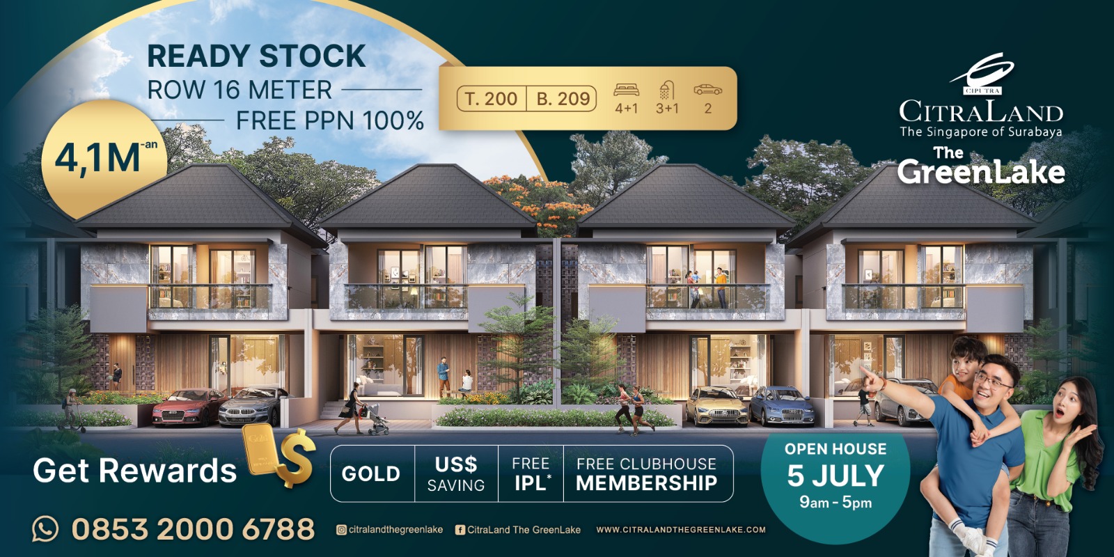 Promotional banner for The GreenLake housing development with a row of modern two‑story homes, bold 'Ready Stock' text, and a smiling family on the right.