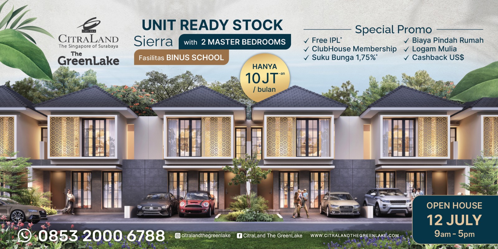Promotional banner for Citraland The GreenLake townhouses featuring row houses, logos, and an Open House notice with date and times.
