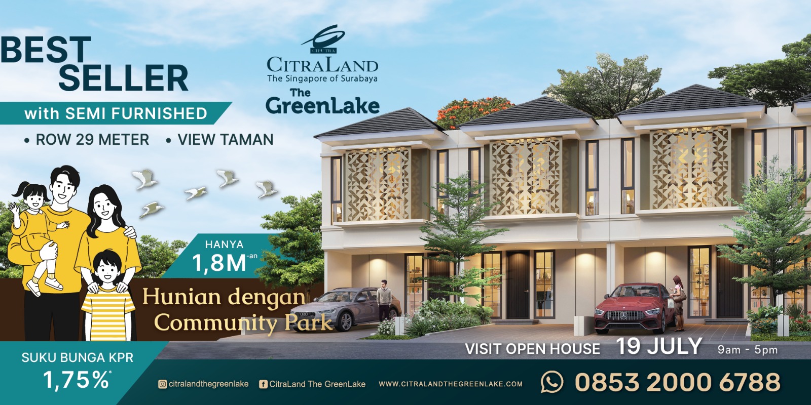 Promotional banner for semi‑furnished homes: modern two‑story townhouses with decorative lattice panels, a family illustration on the left, and contact info.