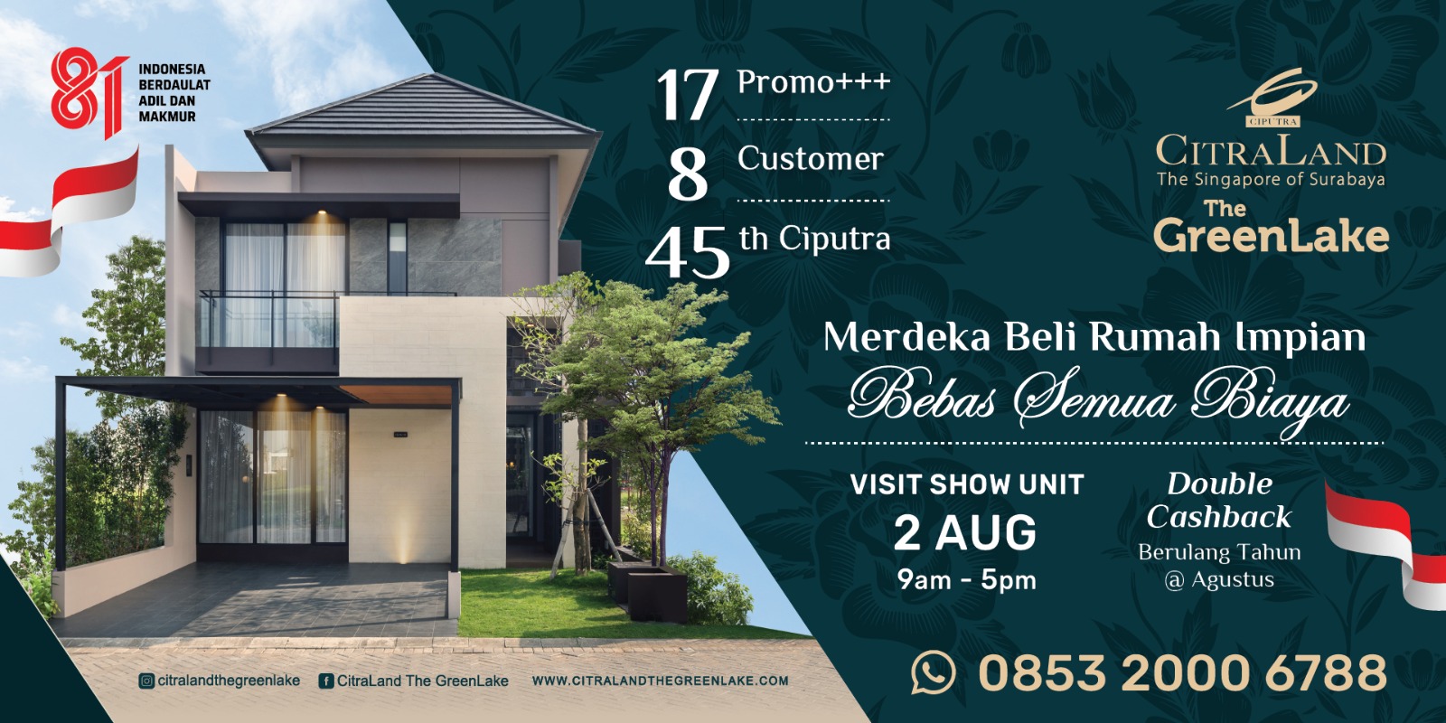 Promotional banner for a housing project: modern two-story house on the left, teal patterned background with event details and a WhatsApp phone number on the right.