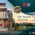 Family of four jumping in front of a modern two-story house; real estate ad for Premium Cluster by Ciputra and The Green Lake.