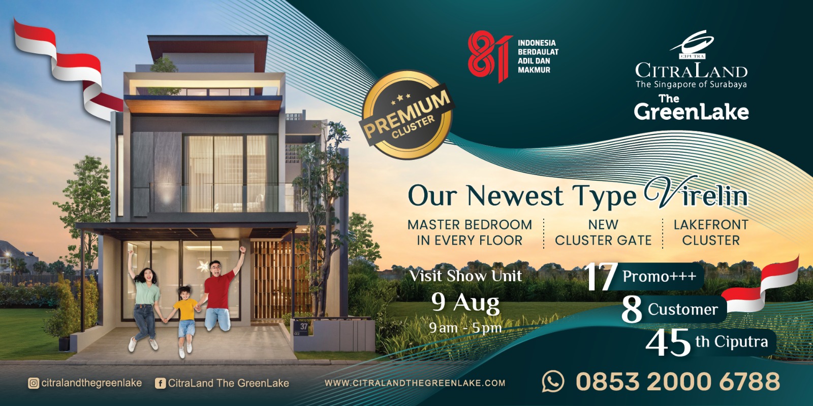 Family of four jumping in front of a modern two-story house; real estate ad for Premium Cluster by Ciputra and The Green Lake.